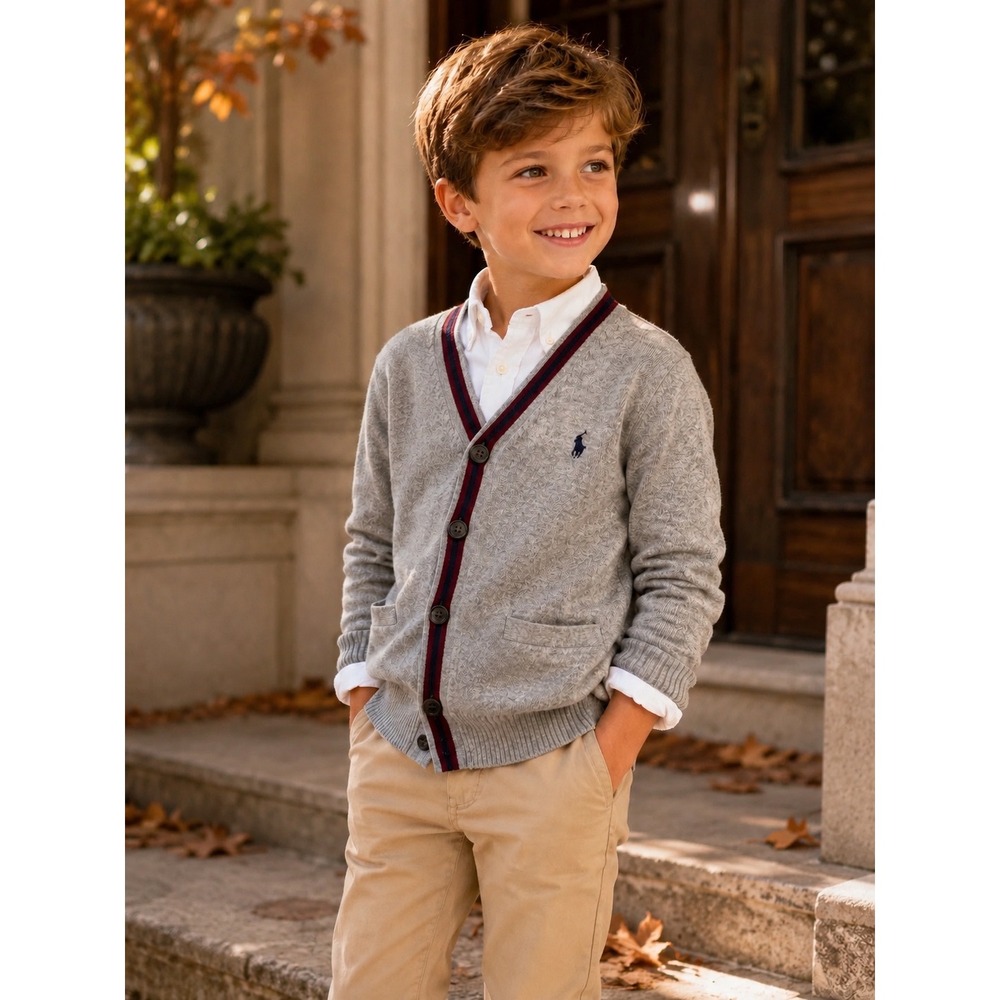 Polo Ralph Lauren Boys Preppy Old Money Luxury Grey Cotton Cardigan Youth Sz 7